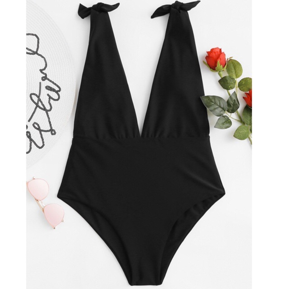 Black plunging self tie one piece swim